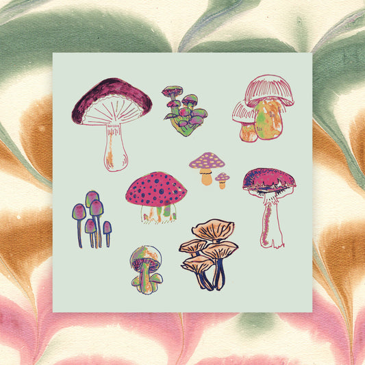 9 different illustrated mushrooms and mushroom clusters in purple and pink and green and tan hues on a marble paper background. 